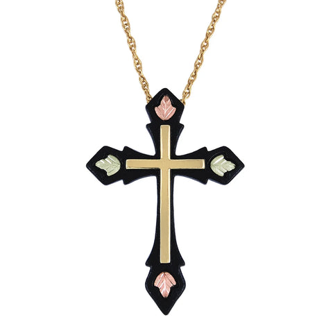 Black Hills Gold Black Powder Coated Cross with Inlayed Gold Cross & 12K Rose & Green Leaves - Wall Drug Store